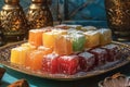 Neatly arranged Turkish delight Rahat Lokum on ornate plate