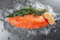 Neatly cut lengthwise raw red salmon steak on a bed of ice with sprigs of aromatic rosemary and two lemon wedges Royalty Free Stock Photo