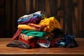 neatly folded colorful clothes on wooden table