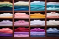 neatly folded colorful shirts on white shelves
