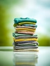 Neatly folded colorful textiles stacked on a reflective surface with a blurred natural background Royalty Free Stock Photo