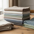 Of neatly folded fabric pieces in various muted colors rests on a wooden Royalty Free Stock Photo