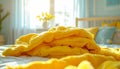 Neatly folded stack of bright yellow towels on a bed with white sheets and blue pillows in a sunny bedroom Royalty Free Stock Photo