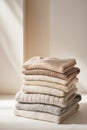 Neatly folded stack of cozy sweaters in neutral tones on a light background. Royalty Free Stock Photo