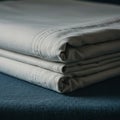 A neatly folded stack of light gray fabric, likely cotton sheets, rests on a textured dark Royalty Free Stock Photo