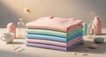 Neatly folded stack of pastel t-shirts with gentle home decor objects Royalty Free Stock Photo