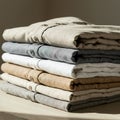 A neatly folded stack of shirts in varying neutral tones, including beige, gray, white, Royalty Free Stock Photo