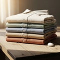 A neatly folded stack of six shirts in earthy tones sits on a light wooden table. Each Royalty Free Stock Photo