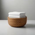 A neatly folded stack of white towels is placed on top of a round, woven wicker basket. The basket Royalty Free Stock Photo