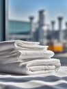 Neatly folded white bed sheets stacked on a surface with an industrial building softly blurred in the background under natural Royalty Free Stock Photo