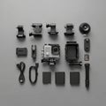 Neatly on a gray background. Components include the camera itself Royalty Free Stock Photo