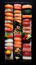 Neatly laid out sushi and rolls. Photo for restaurant menu or website design