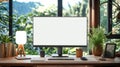 Neatly organized desk space in front of large window with wooden desk and computer setup with large monitor displaying Royalty Free Stock Photo