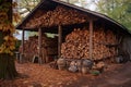 neatly organized firewood pile against rustic shed