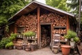 neatly organized firewood pile against rustic shed