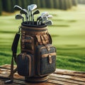 Neatly organized golf bag with clubs, on blurred background. Generated AI