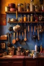 neatly organized kitchen utensils hanging on a wall
