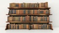 A neatly organized wooden bookshelf filled with rows of vintage, leather-bound books. The shelves are evenly spaced, displaying an Royalty Free Stock Photo