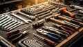 Are arranged by size flanked by screwdrivers with red and black Royalty Free Stock Photo
