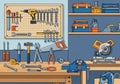 A neatly organized workshop features various tools and equipment. A pegboard hangs on the wall, Royalty Free Stock Photo