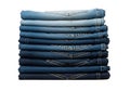 Neatly stacked blue denim jeans showcasing various washes and pocket details Royalty Free Stock Photo