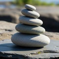 Stacked cairn of five smooth flat stones of varying sizes forms a Royalty Free Stock Photo