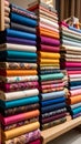 Neatly Stacked Colorful Rolled Fabrics Displayed in a Market Stall Royalty Free Stock Photo