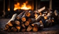 Neatly stacked firewood in front of a warm fireplace, enhancing home furnishings with a cozy touch