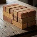 A neatly stacked pile of adobe bricks rests on a rustic wooden table Royalty Free Stock Photo