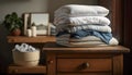 Neatly stacked pile of clean clothes on table, laundry day, Generative AI Royalty Free Stock Photo