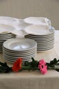 Neatly stacked plates and flowers on buffet table