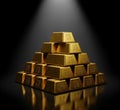 Shiny Gold Bars Stacked on Reflective Black Surface with Dramatic Lighting Royalty Free Stock Photo