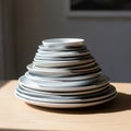 A neatly stacked pyramid of various-sized white ceramic plates sits on a light wooden Royalty Free Stock Photo