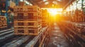 Neatly stacked wooden pallets in bright warehouse at sunset Generative AI Royalty Free Stock Photo
