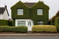 neatly trimmed hedge lining a monochrome house facade