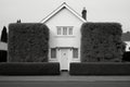 neatly trimmed hedge lining a monochrome house facade