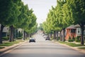 neatly trimmed trees lining a residential street