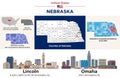 Nebraska counties map and congressional districts since 2023 map. Lincoln and Omaha skylines Royalty Free Stock Photo