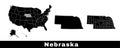 Nebraska state map, USA. Set of Nebraska maps with outline border, counties and US states map. Black and white color