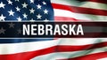 Nebraska state on a USA flag background, 3D rendering. United States of America flag waving in the wind. Proud American Flag Royalty Free Stock Photo