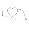 Nebraska US state hand drawn pencil sketch outline map with the handwritten heart shape. Vector illustration