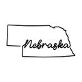 Nebraska US state outline map with the handwritten state name. Continuous line drawing of patriotic home sign