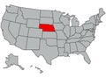 Nebraska vector illustration in gray color. United States of America map. Highlighted in red territory of the US. Contours of the