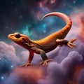 A nebula-born, fiery salamander leaping from one star to another amidst a backdrop of colorful cosmic clouds1 Royalty Free Stock Photo