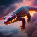 A nebula-born, fiery salamander leaping from one star to another amidst a backdrop of colorful cosmic clouds3