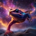 A nebula-born, fiery salamander leaping from one star to another amidst a backdrop of colorful cosmic clouds2 Royalty Free Stock Photo