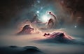 Cosmic Celestial Nebulae and Misty Mountain Landscape Royalty Free Stock Photo