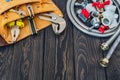 Necessary set of tools for plumbers on black vintage wooden background Royalty Free Stock Photo