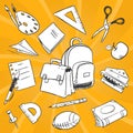 Necessary students things - hand drawn stationery, school bags, food on colorful backdrop