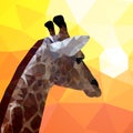 Neck and head of a giraffe looking at the sunset. Polygon style. Colorful triangles, mosaic.